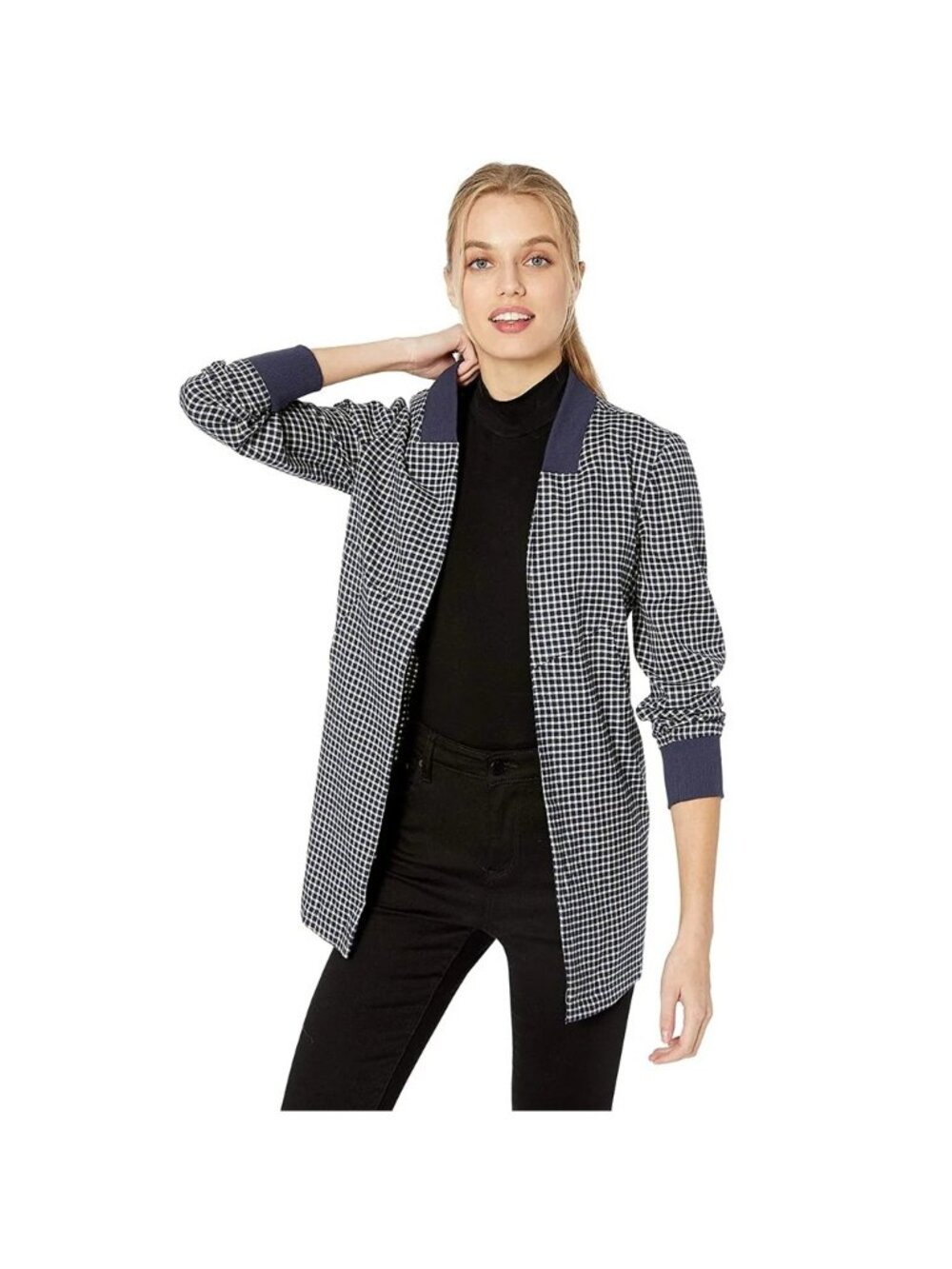 BCBG Generation Women's Open Front Checkered Jacket Navy Mob Wife 90s Size M NWT